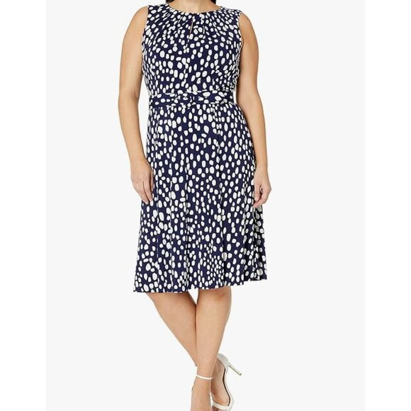 London Times Navy Blue Print Keyhole Midi Dress w/Belt Size 20W 2X Summer Plus - Picture 1 of 8